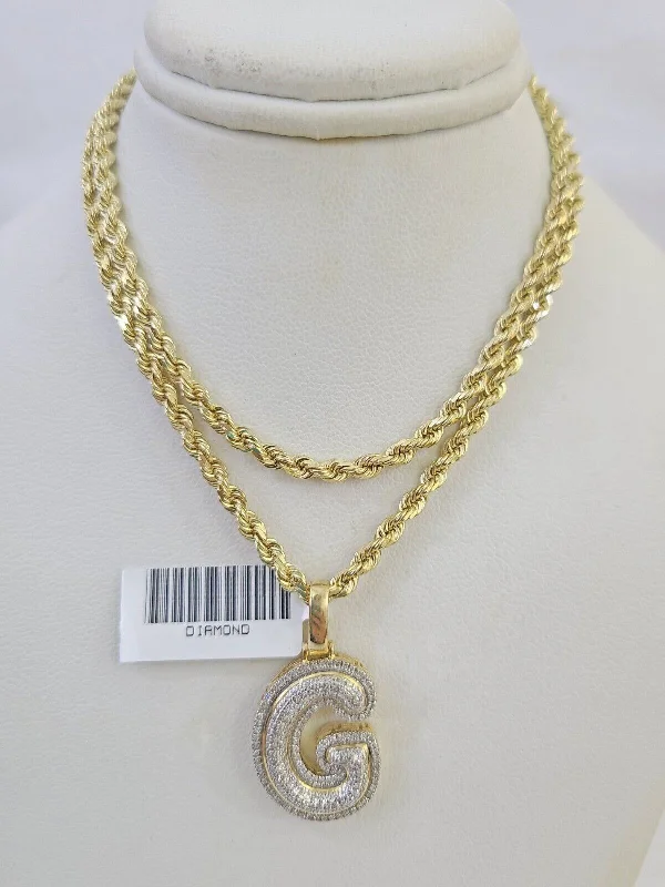 Necklaces and pendants with custom engravings for a personal, meaningful gift-Fashion necklaces for evening parties -10k 3mm Rope Solid Chain G Diamond Pendant Alphabet 18"-28" Gold Charm Necklace