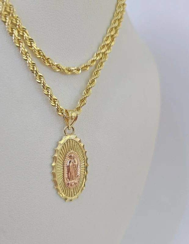 Unique necklaces and pendants with vintage-inspired designs for timeless appeal-Vintage-inspired necklaces for women -10k 3mm Rope Chain Virgin Mary Pendant 18"-30" Yellow Gold Set Charm Necklace