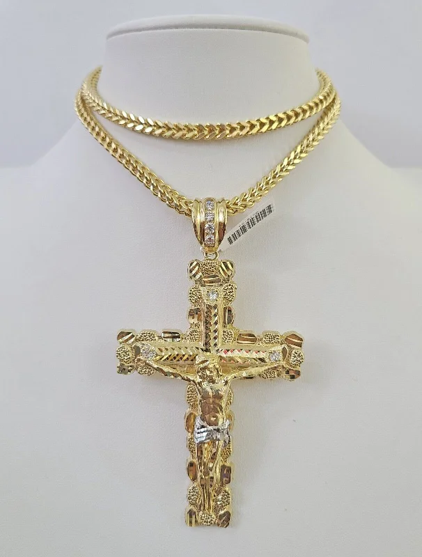 Beautiful necklaces and pendants with layered chains for a fashionable, chic look-Nature-inspired necklaces for outdoor lovers -10K Franco Chain Jesus Cross Pendant Charm Necklace 20"-26" 5mm Gold Yellow SET