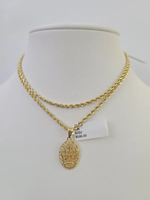 Best necklaces and pendants with crystal accents for a sparkling and elegant style-Boho style necklaces for summer -10k 2.5mm Rope Chain Crown Pendant 18"-30" Yellow Gold Set Charm Necklace