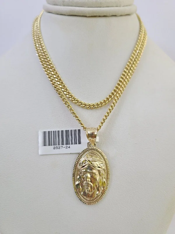 Necklaces and pendants with geometric pendants for a clean, contemporary design-Handmade gemstone necklaces for unique style -10K Gold Miami Cuban Chain Jesus Head 18"-28" 3mm Pendant Necklace SET Charm