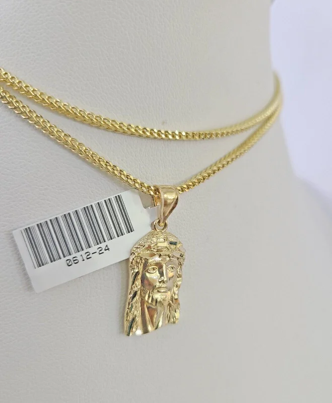 Best necklaces and pendants with floral designs for a feminine and elegant feel-Long gold necklaces for layering -10K Franco Chain Jesus Head Pendant Charm Necklace 16"-24" 2mm Gold SET Yellow