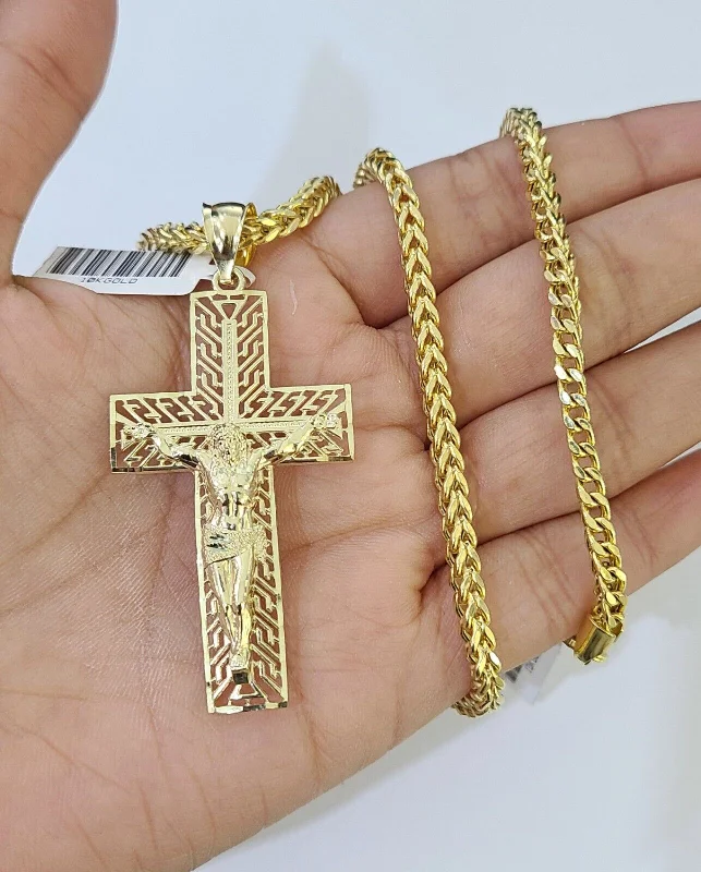 Necklaces and pendants with clear quartz for a pure and radiant look-Choker necklaces with crystals -10K Gold Franco Chain Cross Charm Length 18-26 inches 3mm REAL Yellow