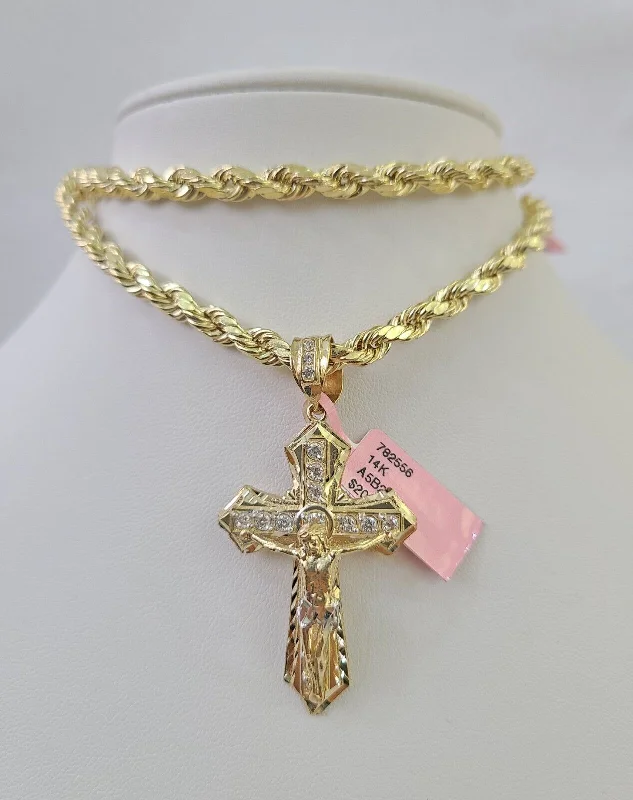 Best necklaces and pendants with emerald gemstones for a rich, sophisticated design-Simple silver necklaces for men -Real 14k Rope Chain Jesus Cross Charm Set 6mm 18"-28" Necklace Yellow Gold