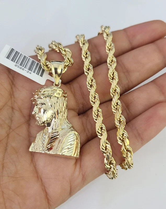 Necklaces and pendants with abstract shapes for a modern, creative appearance-Custom family necklaces for meaningful gifts -Real 10k Rope Chain Jesus Charm Necklace Pendant Set 5mm 20"-30" Inch Gold