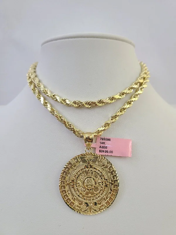 Beautiful necklaces and pendants with moon and star charms for a dreamy effect-Personalized coordinates necklaces for travel memories -Real 14k Rope Chain Mayan Calendar Charm Yellow Gold Set 5mm 20"-30" Necklace