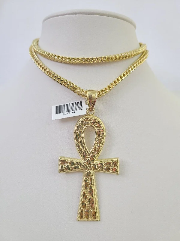 Best necklaces and pendants with layered designs for a chic, stacked look-Simple pearl necklaces for elegant looks -10K Franco Chain Jesus Ankh Cross Pendant Charm Necklace 20"-28" 4mm Gold Yellow