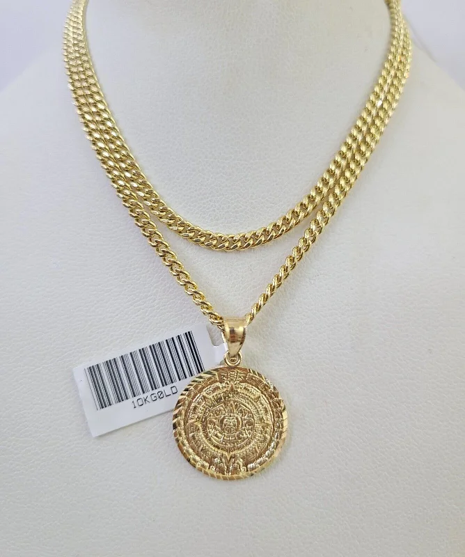 Unique necklaces and pendants with vintage-inspired designs for timeless appeal-Vintage-inspired necklaces for women -10K Gold Miami Cuban Chain Mayan Calendar 18"-28" 3mm REAL Pendant Necklace SET