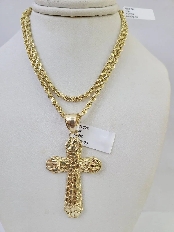 Best necklaces and pendants with personalized coordinates for a special keepsake-Designer gold necklaces for luxury gifts -Real 10k Solid Rope Chain Jesus Cross Charm Set 3mm 20"-30" Inch Necklace Gold