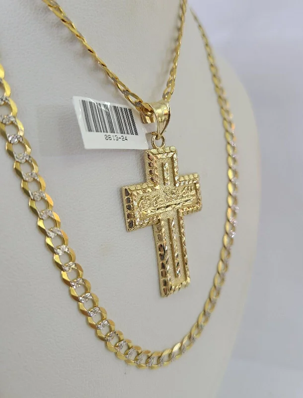 Stunning necklaces and pendants with turquoise and gold for a vibrant, earthy look-Necklaces with religious symbols for spiritual gifts -10k Gold Chain Last Supper Cross Charm Solid Cuban Curb 5mm 18"-28" Inch SET