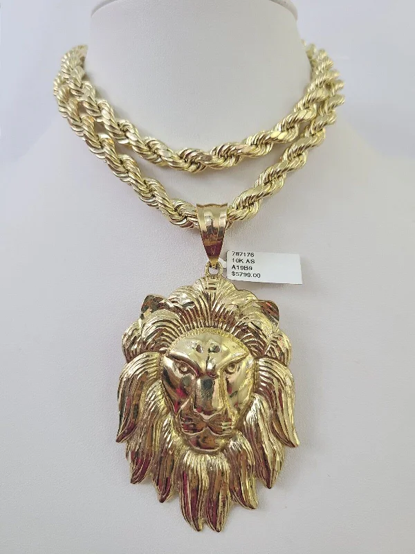 Personalized necklaces and pendants with coordinates for a meaningful location-based gift-Trendy collar necklaces for fashion-forward looks -Real 10k Rope Chain Lion Head Charm Set 8mm 20"-30" Inch Necklace Yellow Gold