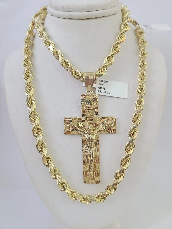 Best necklaces and pendants with heart-shaped designs for a romantic look-Long pendant necklaces for women -Real 10k Rope Chain Jesus Cross Charm Set 7mm 20"-28" Inch Necklace Yellow Gold