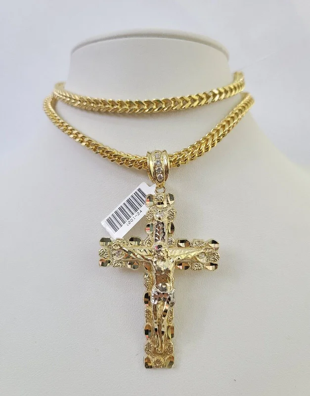 Necklaces and pendants with lock and key designs for a symbolic gesture-Multi-colored gemstone necklaces for casual wear -10K Franco Chain Jesus Cross Pendant Charm Necklace 20"-26" 5mm Gold Yellow SET