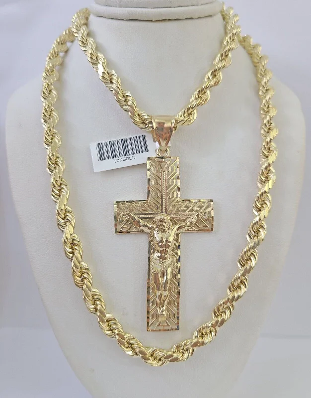 Unique necklaces and pendants with vintage-inspired designs for timeless appeal-Vintage-inspired necklaces for women -Real 10k Rope Chain Jesus Cross Charm Set 7mm 20"-28" Inch Necklace Yellow Gold