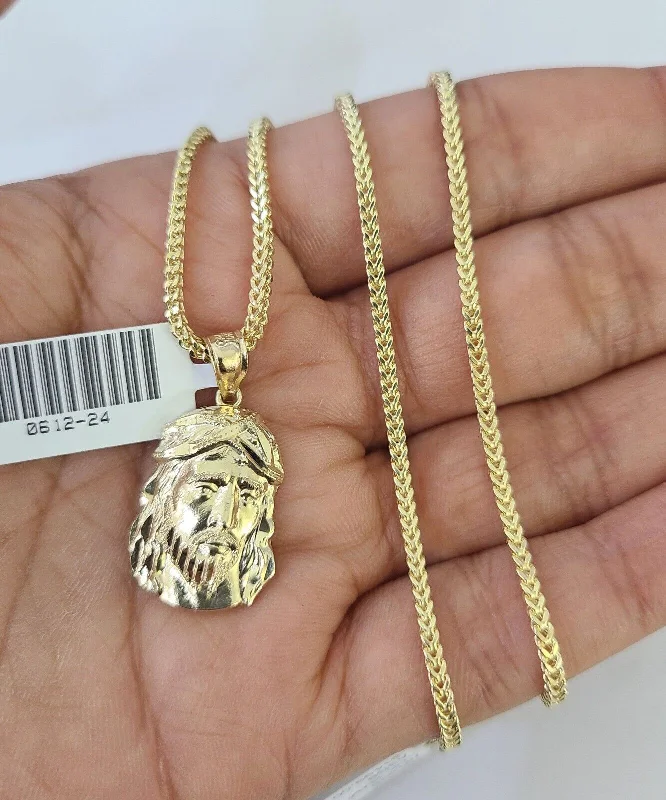 Unique necklaces and pendants with engraved messages for a sentimental gift-Affordable necklaces for bridesmaids -10K Franco Chain Jesus Head Pendant Charm Necklace 16"-24" 2mm Gold SET Yellow