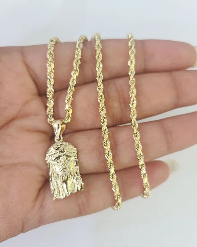 Stylish necklaces and pendants with diamonds for a glamorous and elegant look-Personalized name necklaces for gifts -10k 2.5mm Rope Chain Jesus Head Pendant 18"-30" Yellow Gold Set Charm Necklace