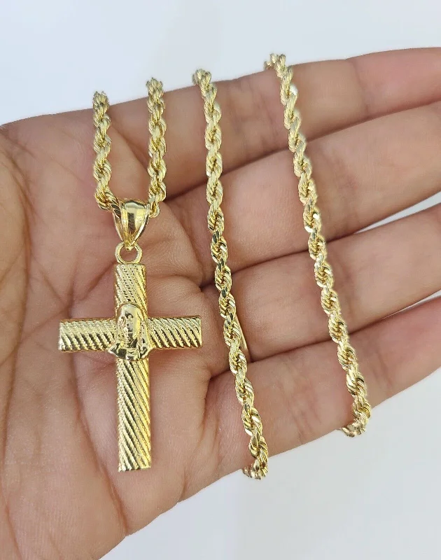 Elegant necklaces and pendants with diamond accents for added sparkle-Minimalist necklaces for women -10k 3mm Rope Chain Jesus Cross Pendant 18"-30" Yellow Gold Set Charm Necklace