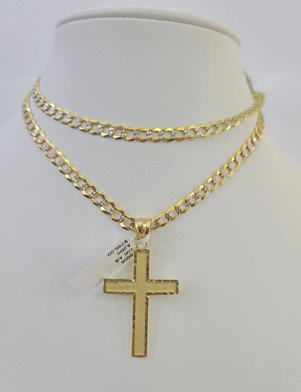 Stunning necklaces and pendants with ruby and diamond combinations for a luxurious effect-Artistic necklaces for fashion-forward outfits -10k Gold Chain Cross Charm Solid Cuban Curb Link 5mm 18"-28" Inch DiamondCut SET