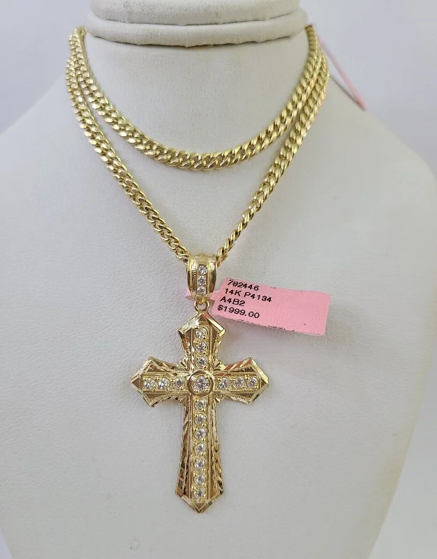 Best necklaces and pendants with butterfly wings for a delicate, graceful style-Moon and star necklaces for celestial lovers -Real 14k Chain Cross Charm Set Miami Cuban Link 4mm Necklace Pendant Yellow Gold