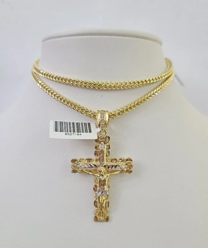 Necklaces and pendants with lotus flower designs for a spiritual, peaceful vibe-Butterfly charm necklaces for feminine touches -10K Franco Chain Jesus Cross Pendant Charm Necklace 20"-26" 3mm Gold Yellow SET