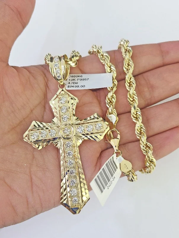 Best necklaces and pendants with layered designs for a chic, stacked look-Simple pearl necklaces for elegant looks -Real 10k Rope Chain Jesus Cross Charm Set 7mm 18"-26" Inch Necklace Yellow Gold