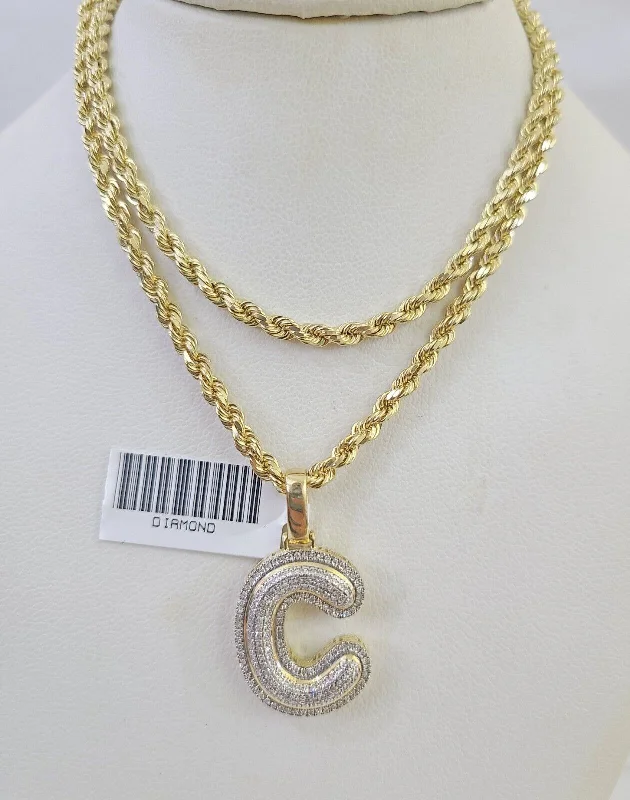 Unique necklaces and pendants with artistic shapes for a creative, one-of-a-kind design-Birth month flower necklaces for women -10k 3mm Rope Solid Chain C Diamond Pendant Alphabet 18"-28" Gold Charm Necklace