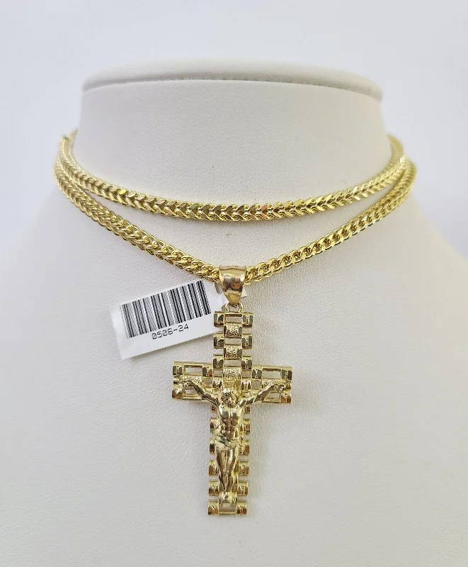 Best necklaces and pendants with art deco elements for a vintage, glamorous design-Gemstone choker necklaces for modern fashion -10K Franco Chain Jesus Cross Pendant Charm Necklace 20"-26" 3mm Gold Yellow SET