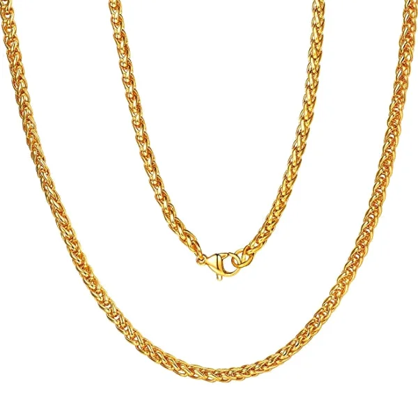 Necklaces and pendants with matching rings for a coordinated set of jewelry-Matching couple necklaces for love -Classy Men 4mm Gold Braided Wheat Chain Necklace