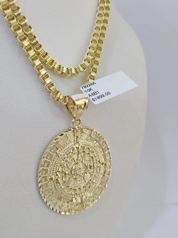 Best necklaces and pendants with opal and gold for a vibrant, luxurious contrast-Cute friendship necklaces for best friends -10k Gold Byzantine Necklace Mayan Calendar Charm 18-26 inches 3mm SET Chain