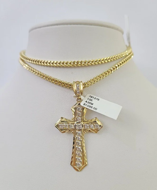 Best necklaces and pendants with vintage coin pendants for a unique accessory-Black leather necklaces for rugged style -10K Franco Chain Jesus Cross Pendant Charm Necklace 20"-26" 3mm Gold Yellow SET