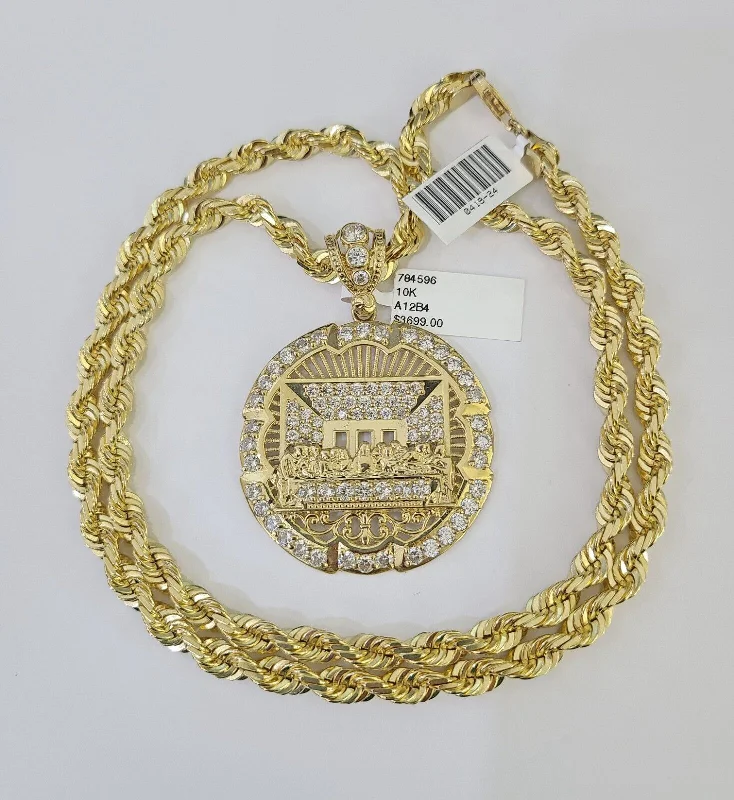 Necklaces and pendants with diamond pendants for a luxurious sparkling effect-Beaded necklaces for summer outfits -Real 10k Solid Rope Chain Last Supper Charm Set 6mm 20"-30" Inch Necklace Gold