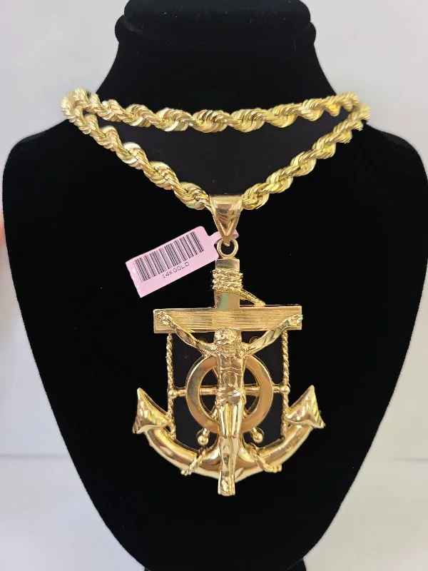 Unique necklaces and pendants with gemstones for a colorful and vibrant statement-Simple gold necklaces for everyday wear -Real 14k Solid Rope Chain Jesus Anchor Charm Set 6mm 18"-30" Necklace Gold