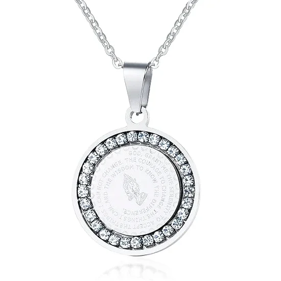 Necklaces and pendants with custom designs for a completely unique jewelry piece-Crystal drop necklaces for special occasions -Classy Men Silver CZ Serenity Prayer Pendant Necklace