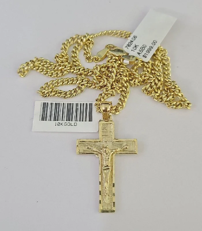 Stylish necklaces and pendants with diamonds for a glamorous and elegant look-Personalized name necklaces for gifts -10K Gold Miami Cuban Chain Jesus Cross 18"-28" 3mm Pendant Necklace SET Charm