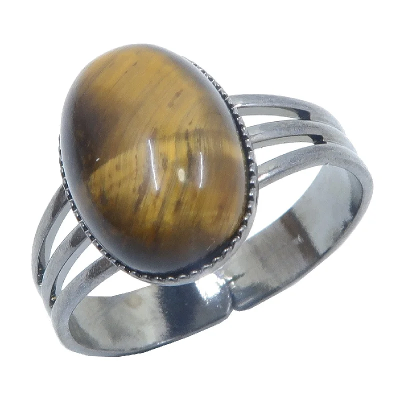 Rings with herkimer diamonds for raw clarity -Tigers Eye Ring Roar Power Gunmetal Adjustable