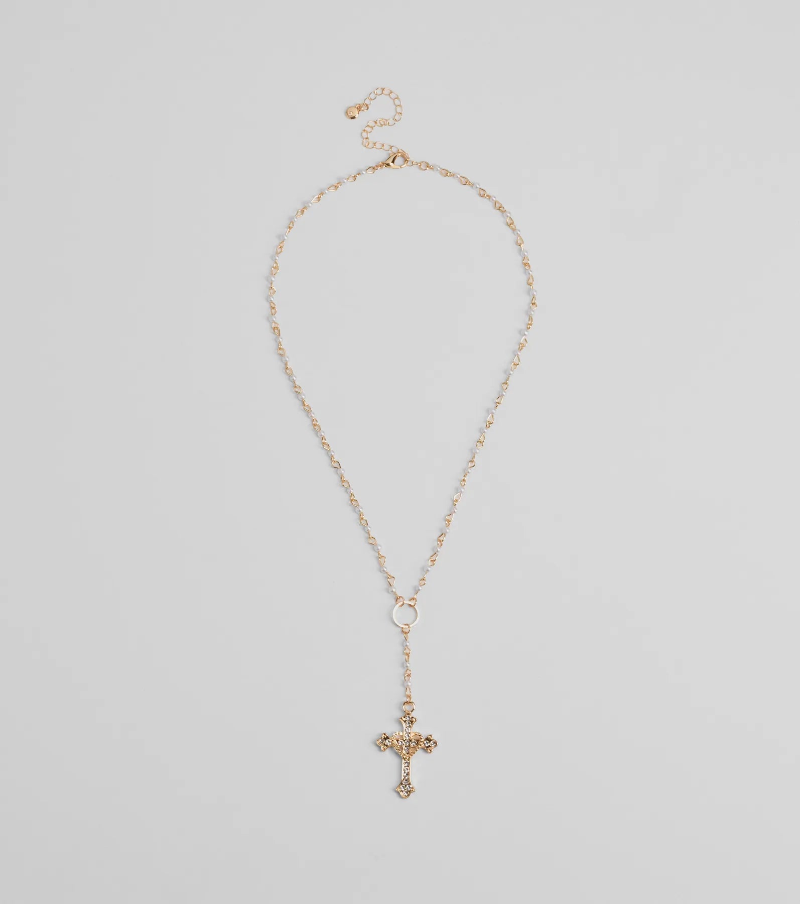 Necklaces and pendants with pearls for a classic and sophisticated touch-Luxury necklaces for evening wear -Pretty Sparkle Rhinestone Cross Pearl Lariat Necklace