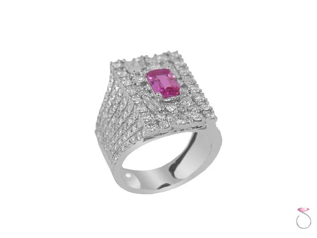 Rings with aquamarine stones for ocean charm -Emerald Cut Pink Sapphire & Diamond Ring in 18K