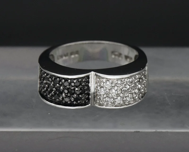 Rings with floral halo diamond arrangements -Vintage Sterling Black and Colorless Cubic ZIrconia Ring - Size 8.75