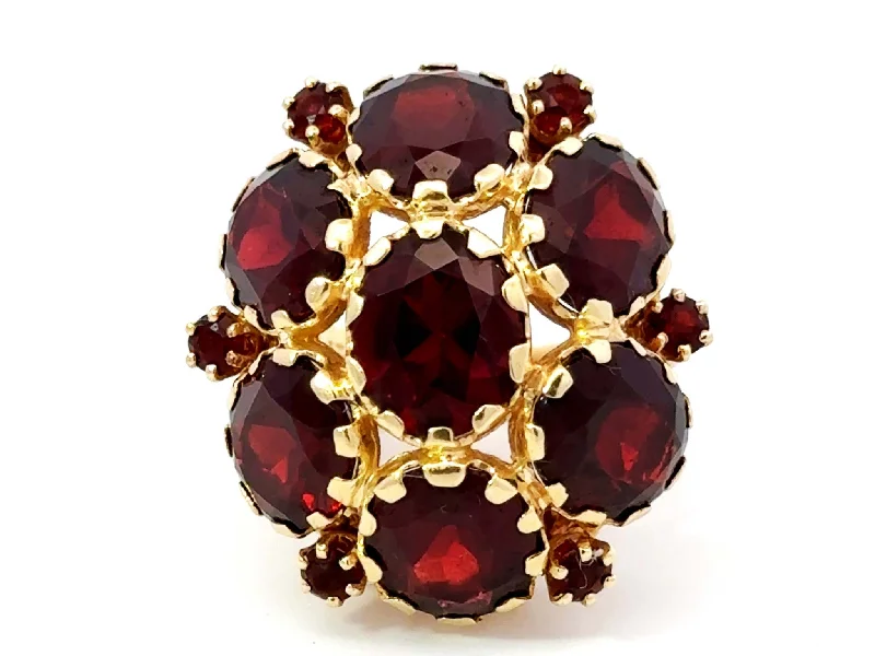 Rings with faceted garnet for deep shine -Large Red Oval Garnet Flower Cocktail Ring 14k Yellow Gold