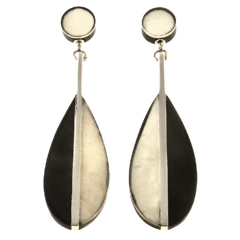 Chunky rings with hammered gold band texture -Origin Two tone teardrop Post Ear ring 2240-8 Charcoal/White 2"