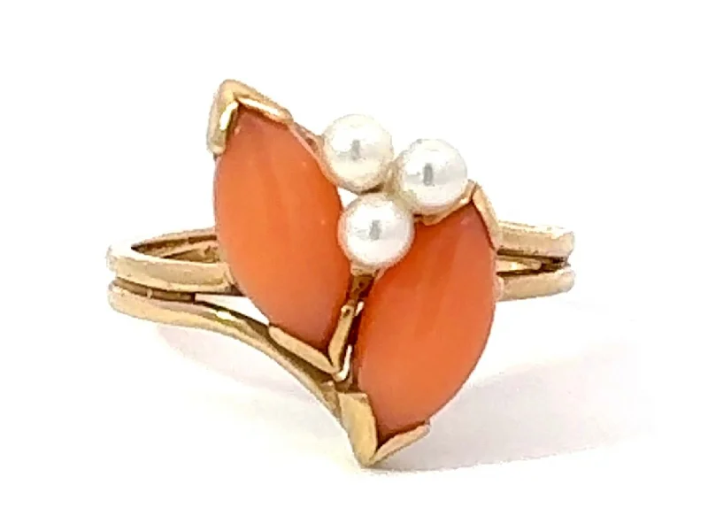 Rings with raw topaz for icy charm -Marquise Angel Skin Coral and Pearl Ring 14k Yellow Gold