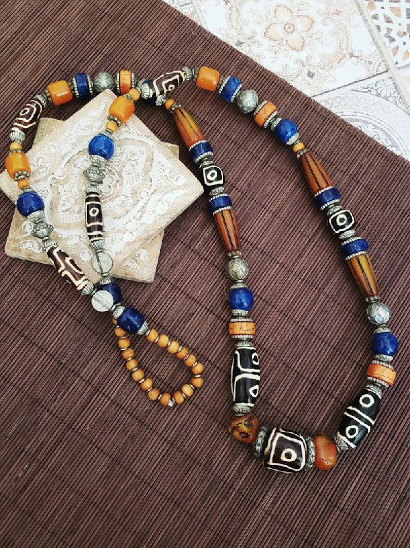 Trendy necklaces and pendants with statement pieces for a bold fashion statement-Colorful gemstone necklaces for casual style -Long Tribal Style Necklace - Blue Orange