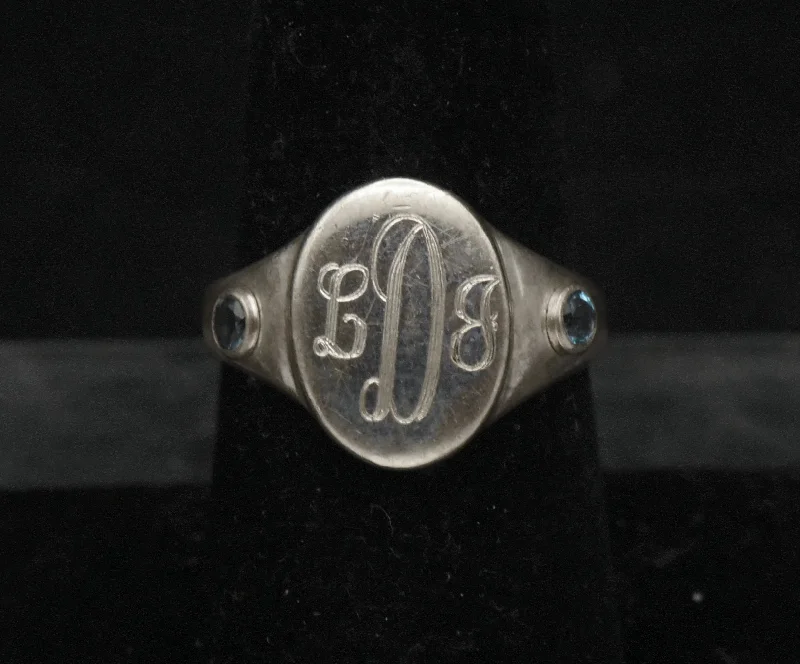 Rings with rough peridot for green texture -Vintage Blue Topaz Sterling Silver Engraved Monogram Signet Ring - Size 7.25