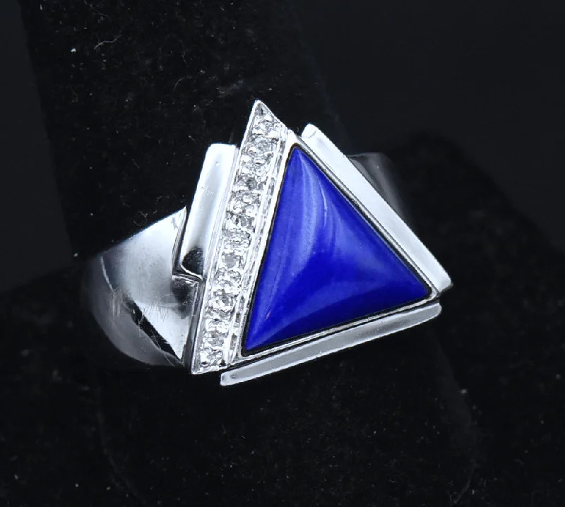 Titanium rings with rugged brushed metal look -Vintage Lapis Lazuli and Diamonds Sterling Silver Ring - Size 10.25