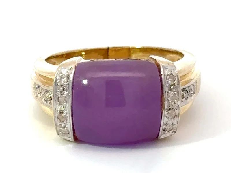 Rings with polished jade for smooth calm -Purple Square Cabochon Jade and Diamond Ring 14k Yellow Gold