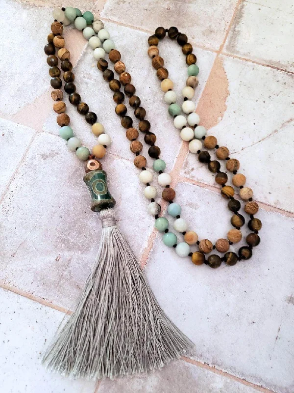 Necklaces and pendants with matching rings for a coordinated set of jewelry-Matching couple necklaces for love -Mala Necklace - Mixed stones and Dzi beads