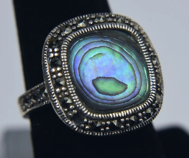 Rings with shield-shaped stones for boldness -Abalone and Marcasite Sterling Silver Ring - Size 7.5