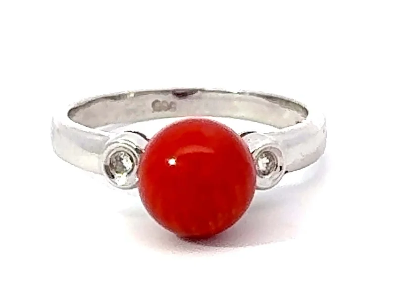 Rings with matte gold for subtle luxury -Red Aka Coral Sphere and Diamond Ring 14k White Gold