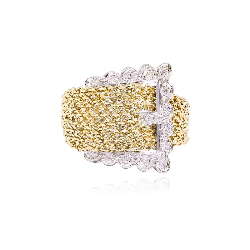 Rings with rose quartz for soft romance -ESTATE 18K YELLOW GOLD DIAMOND BUCKLE RING - 0.15CTW