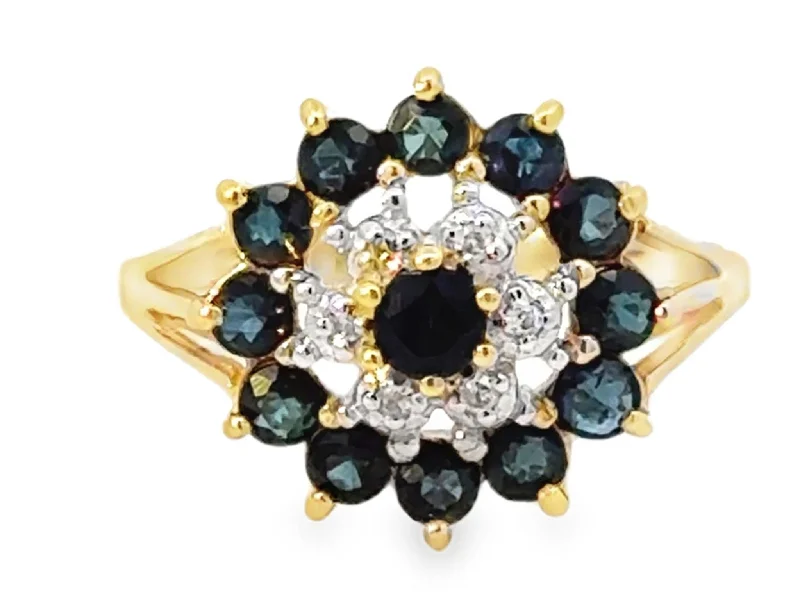 Rings with carved onyx for bold sleekness -Diamond Halo and Round Sapphire Halo Ring 14k Yellow Gold